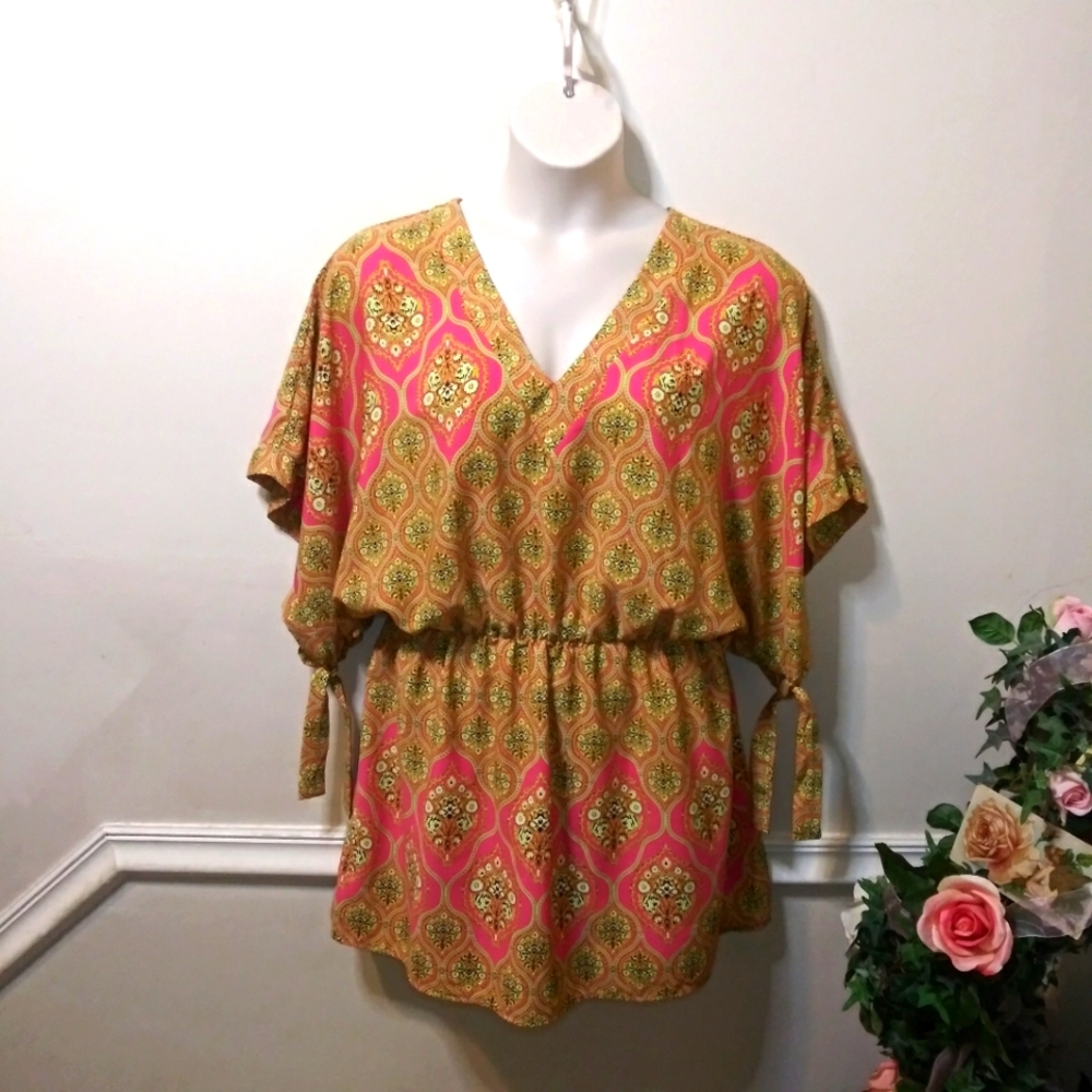 Moss Hot Pink & Lime Floral Boho Mini Dress/Swim Cover